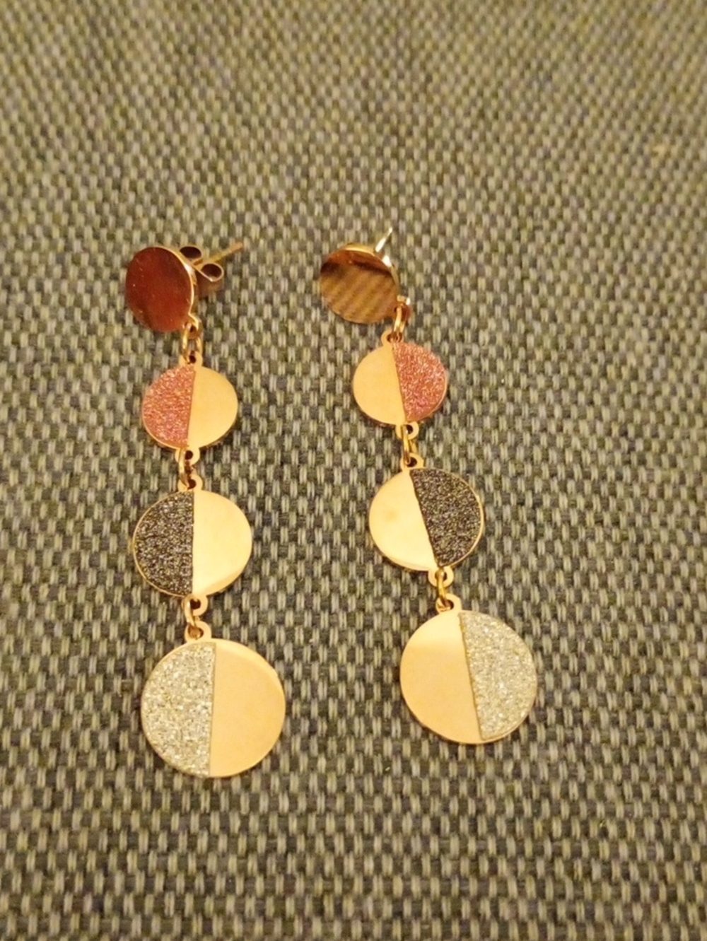 NEW Gold Tone Tri-Disc Drop Earrings Rose Gold, Gold + Silver Accents